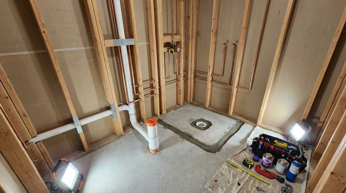 Bathroom rough-in plumbing during remodel by Johns Plumbing LLC in Morganton