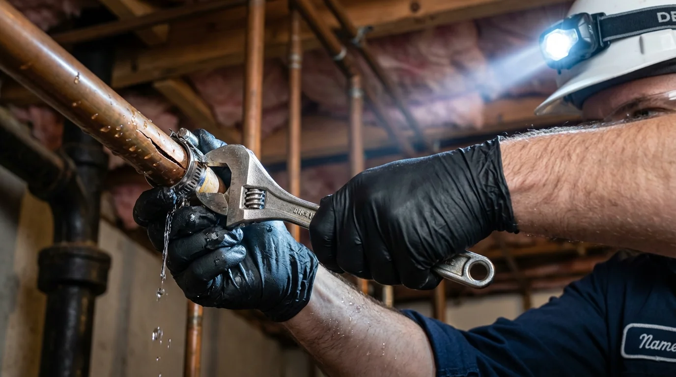 Emergency pipe clamp repair being performed by a Johns Plumbing LLC plumber in Morganton