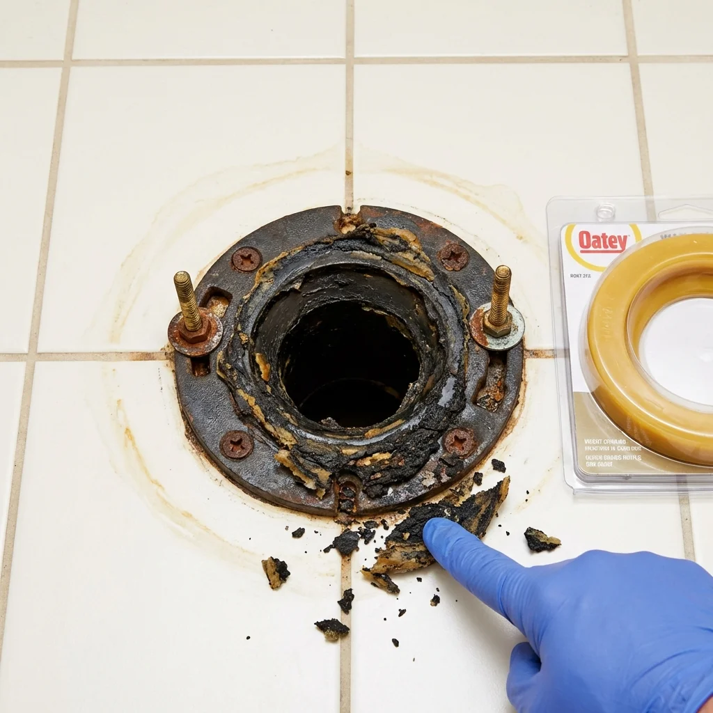 Failed wax ring showing water seepage at the base of a toilet in a Morganton, NC home