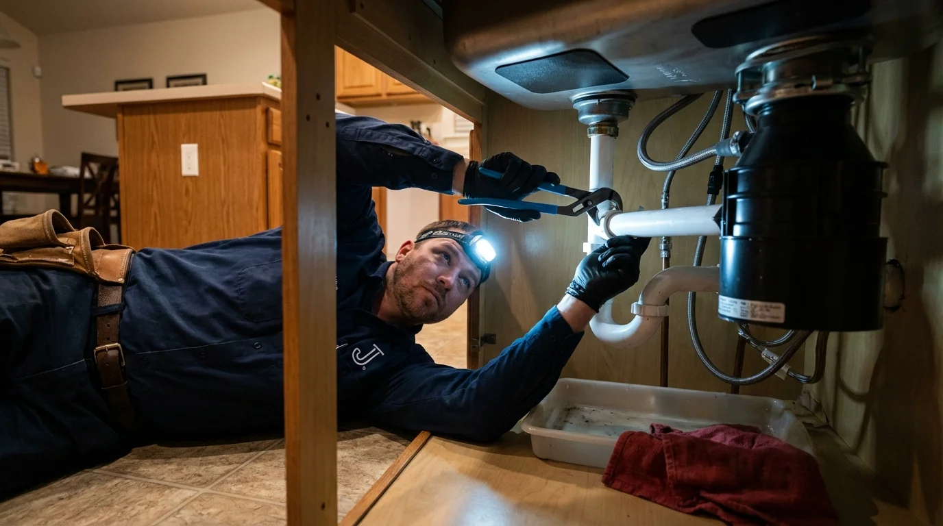 P-trap and supply line connections under a kitchen sink showing a common leak point in Morganton, NC